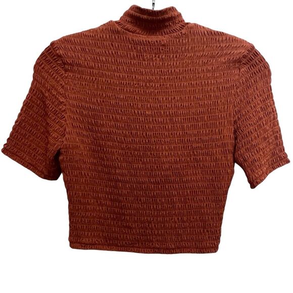 NWT A.L.C. Dana Smocked Top Short Sleeve Cropped in Deep Amber Brown Size S - Picture 3 of 7